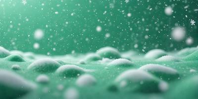 The primary subject of the image is a close-up of a snowy surface, possibly a snow globe or a snowy background. The setting is a green background, which adds a contrasting color to the scene. The visual style appears to be a photo, as it captures the details of the snowy surface. The colors and mood of the image are predominantly white and snowy, creating a cold and wintry atmosphere.